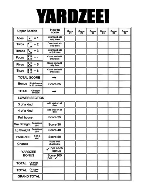 Free Printable Yardzee Score Sheet